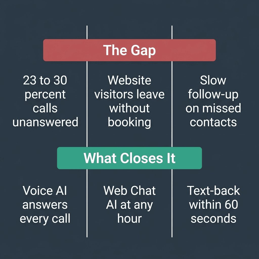 Three service business gaps and what closes them: unanswered calls, website abandonment, and slow missed-call follow-up