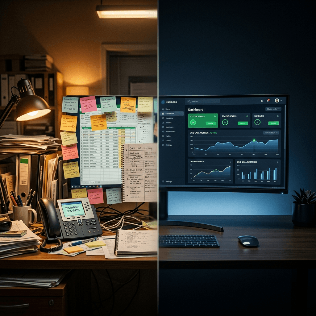 Split-screen comparison — chaotic cluttered business office on the left versus a clean AI-powered dashboard on the right — the before and after of an AI Business Operating System