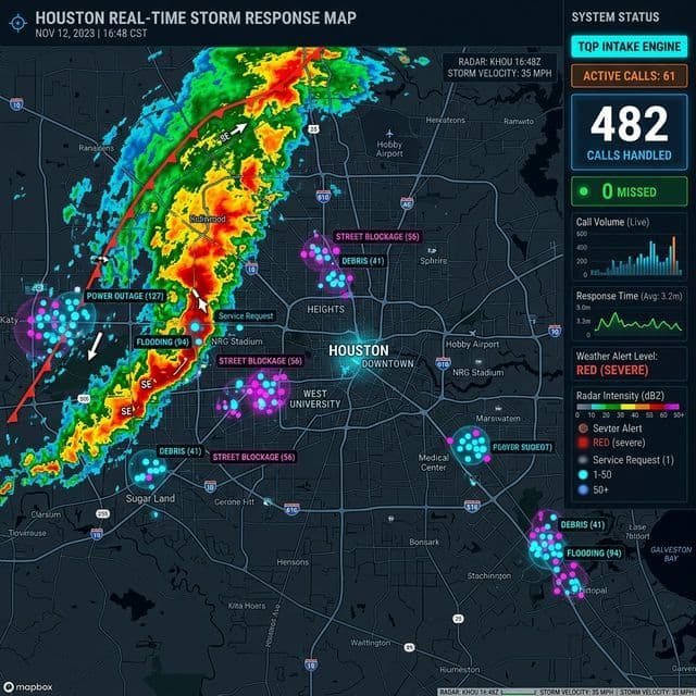 Houston Storm Response Map: Tracking massive call volumes and zero-missed-leads during a storm front.