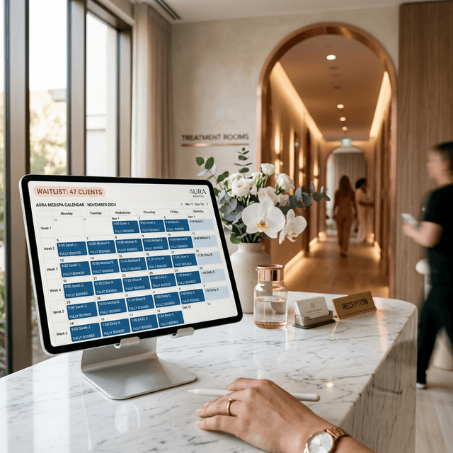 A medical spa reception desk with an iPad showing a fully booked calendar with a waitlist of 47 clients, treatment hallway visible in background
