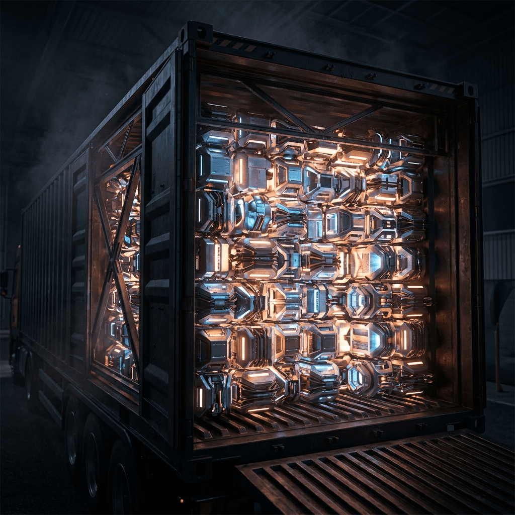 Abstract glowing blocks snapping perfectly into volumetric truck boundaries for maximized cargo capacity.