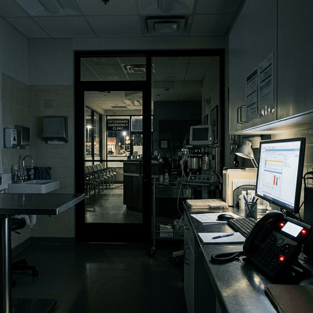 A dark veterinary clinic exam room after hours, illuminated only by a computer monitor, with a desk phone showing a blinking voicemail light
