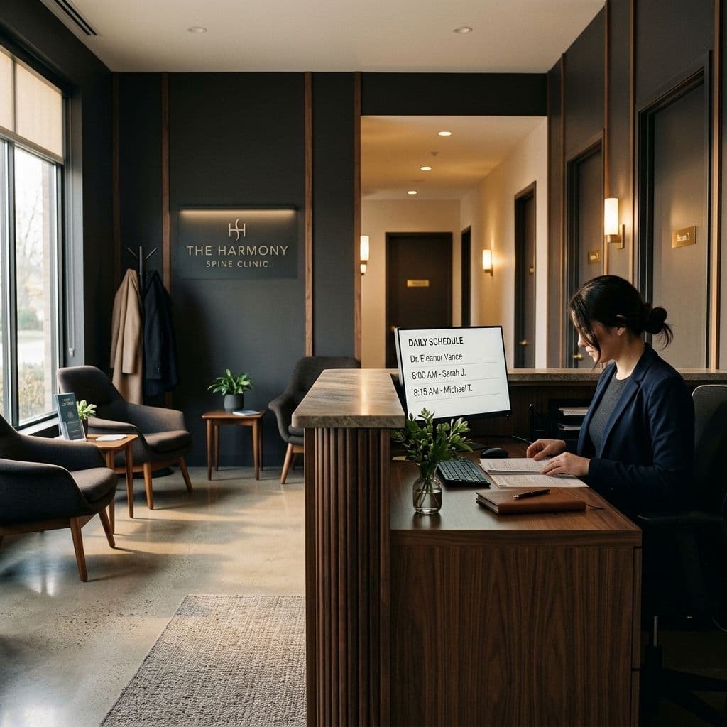 Modern chiropractic office reception area in early morning, warm lighting, treatment hallway visible, empty ergonomic seating area