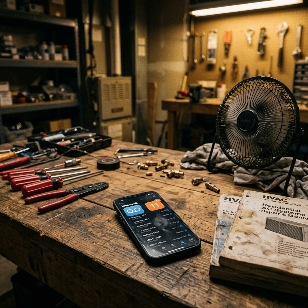 Smartphone on HVAC workbench showing 11 unheard voicemails from evening hours — the visual representation of a summer revenue gap going unaddressed
