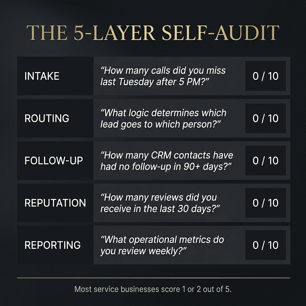The 5-Layer Self-Audit scorecard — five rows for Intake, Routing, Follow-Up, Reputation, and Reporting — each with a diagnostic question and a score box showing 0 out of 10, with a caption: Most service businesses score 1 or 2 out of 5