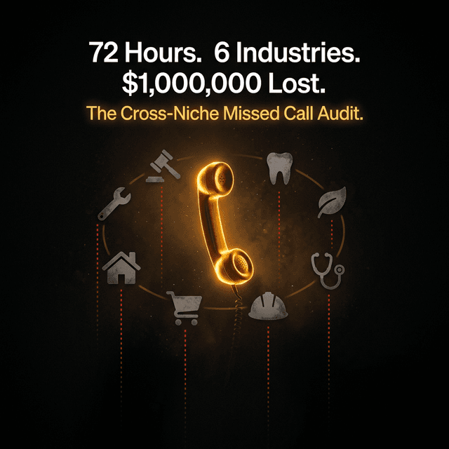A glowing telephone handset surrounded by grayed-out industry icons, each trailing a red dotted line into darkness — representing missed calls costing 6 industries over $1 million every 72 hours.