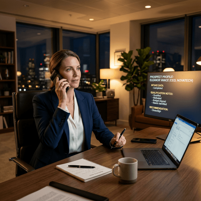 A professional business consultant on a phone call beside a screen showing an AI-generated prospect profile with completed intake data and qualification notes — calm, focused, executing the close while AI handled the triage