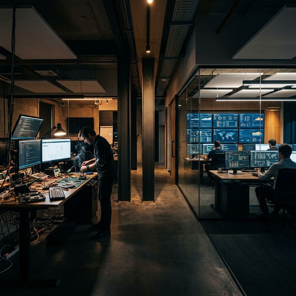 Two paths diverging — DIY SaaS workstation versus managed operations center — representing the choice between self-serve and managed AI