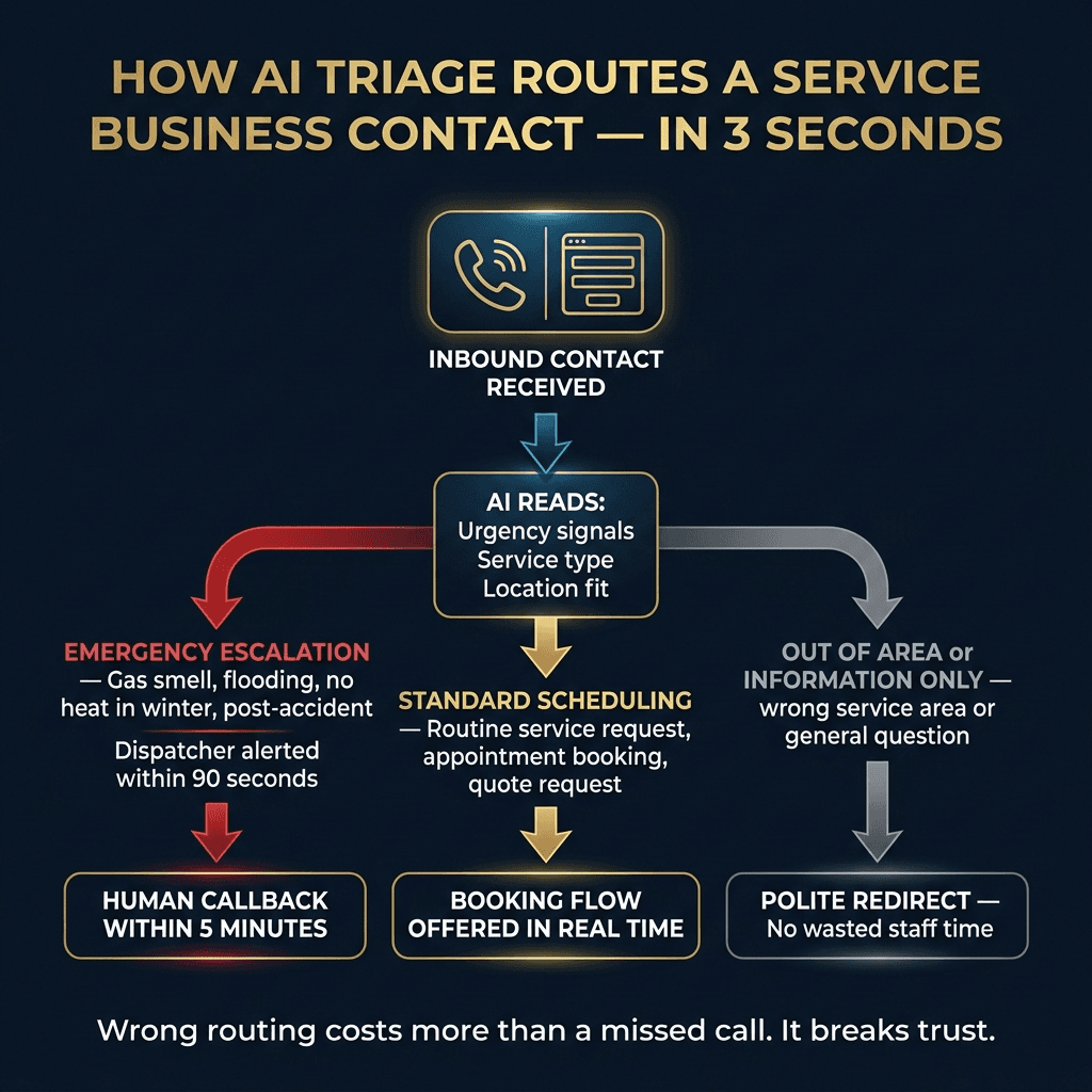 How AI Triage Routes a Service Business Contact in 3 Seconds — a flow diagram showing Inbound Contact Received feeding into AI analysis box, then three routing paths: Emergency Escalation (red) to Human Callback Within 5 Minutes, Standard Scheduling (gold) to Booking Flow in Real Time, and Out of Area (grey) to Polite Redirect. Caption: Wrong routing costs more than a missed call.