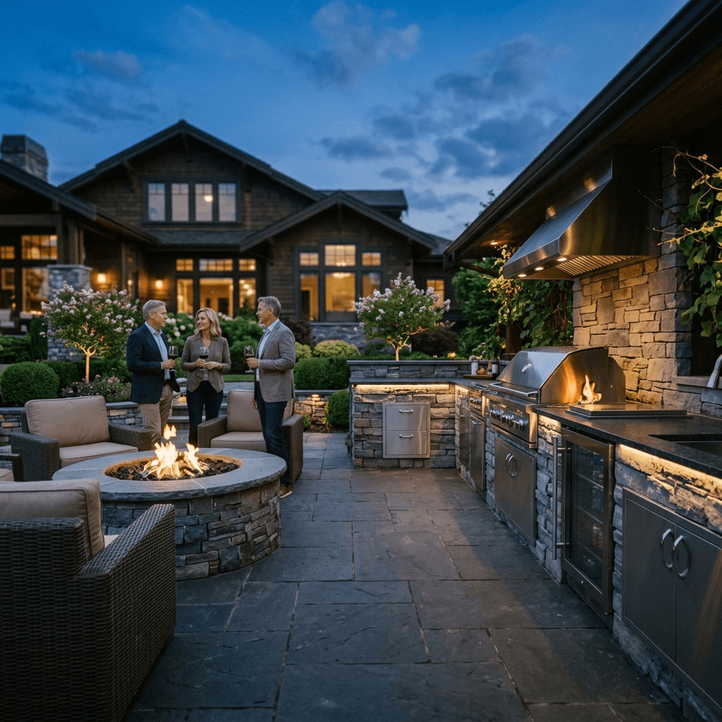 Cinematic rich shot of a breathtaking, $100,000 premium outdoor stone kitchen and hardscape patio glowing with warm ambient lighting at dusk.
