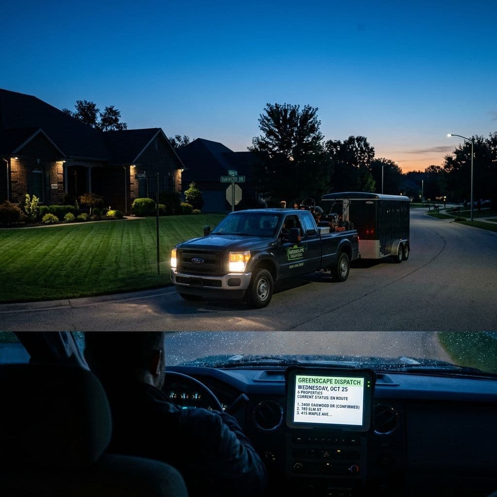 Landscaping crew truck and trailer at pre-dawn, headlights on, dispatch tablet inside showing 6-property route schedule for the day. The manicured lawn ahead catches first morning light. The mood: organized, professional, already working before the homeowner wakes up.