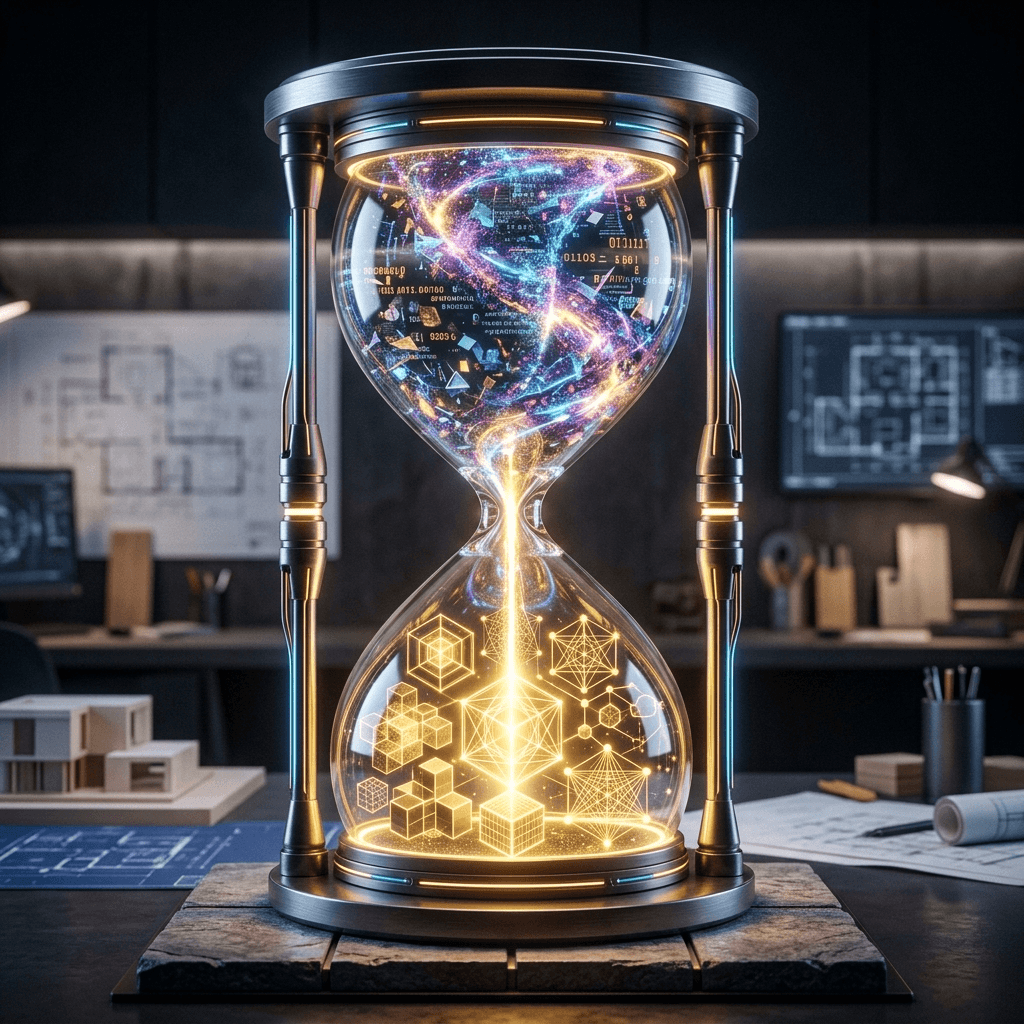 Abstract glowing digital hourglass representing time saved by deploying an AI receptionist to handle showroom bookings.
