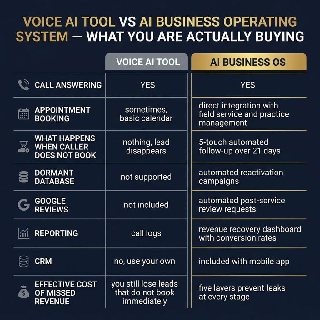 Voice AI tool vs AI Business Operating System comparison matrix — 8 features showing the fundamental scope difference