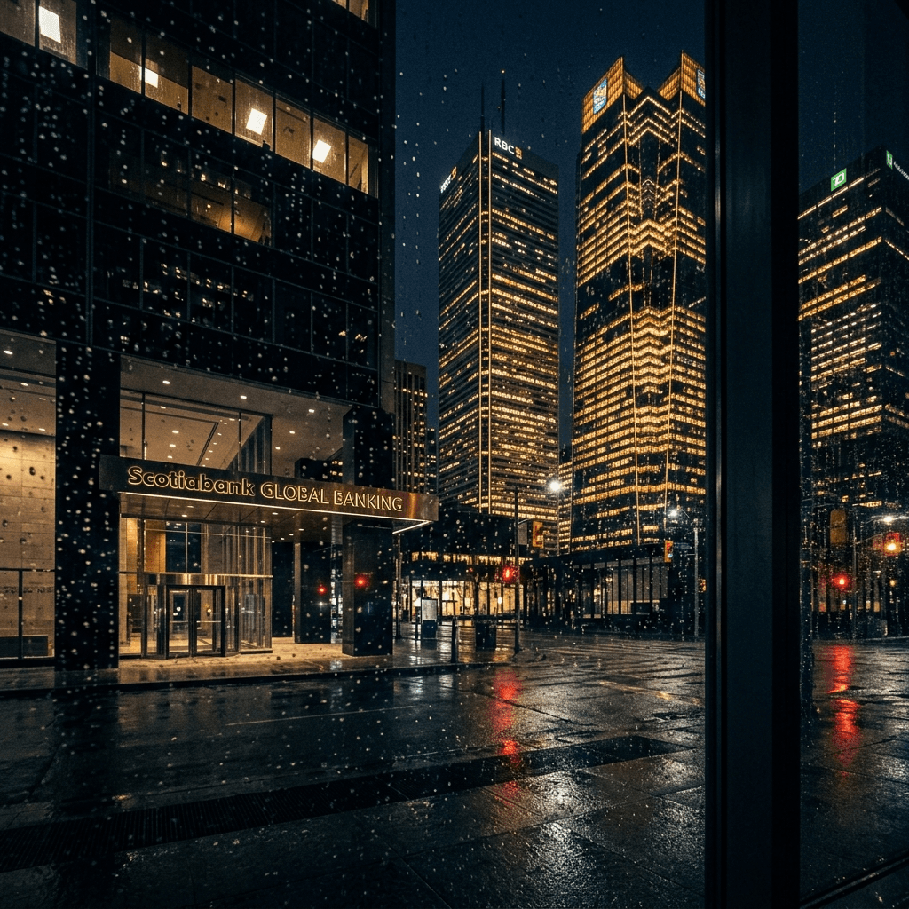 Toronto financial district at night, glass towers glowing through rain — representing the competitive AI agency landscape in the GTA