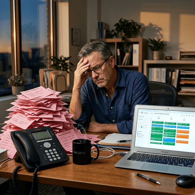 A frustrated business owner sits at a desk surrounded by a tall stack of pink While You Were Out message slips next to a desk phone, while a laptop beside him shows a calendar full of confirmed bookings