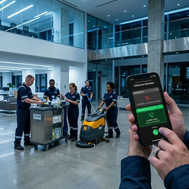 Commercial cleaning crew preparing in a large office lobby, while a phone shows an AI routing interface declining a residential caller and connecting a commercial facility manager.