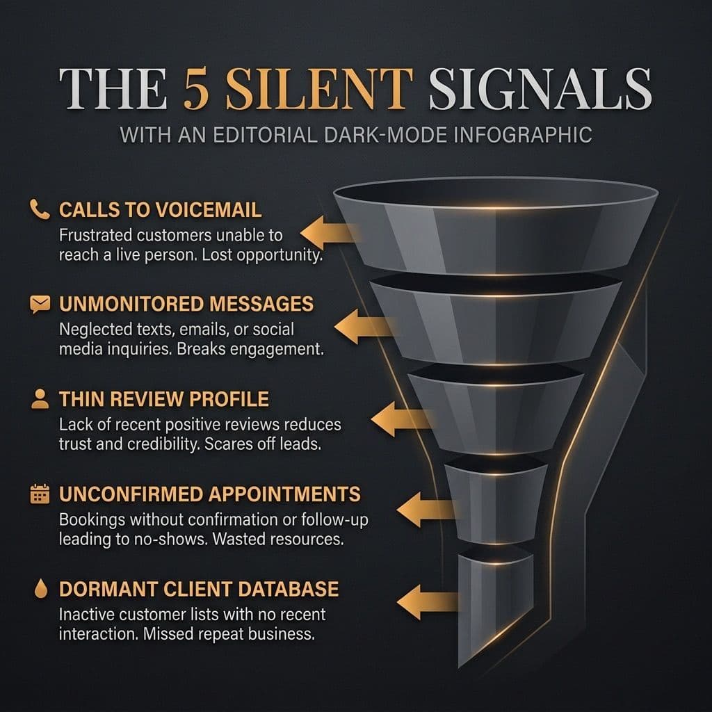 The 5 Silent Signals revenue leak funnel diagram: calls to voicemail, unmonitored messages, thin reviews, unconfirmed appointments, dormant database