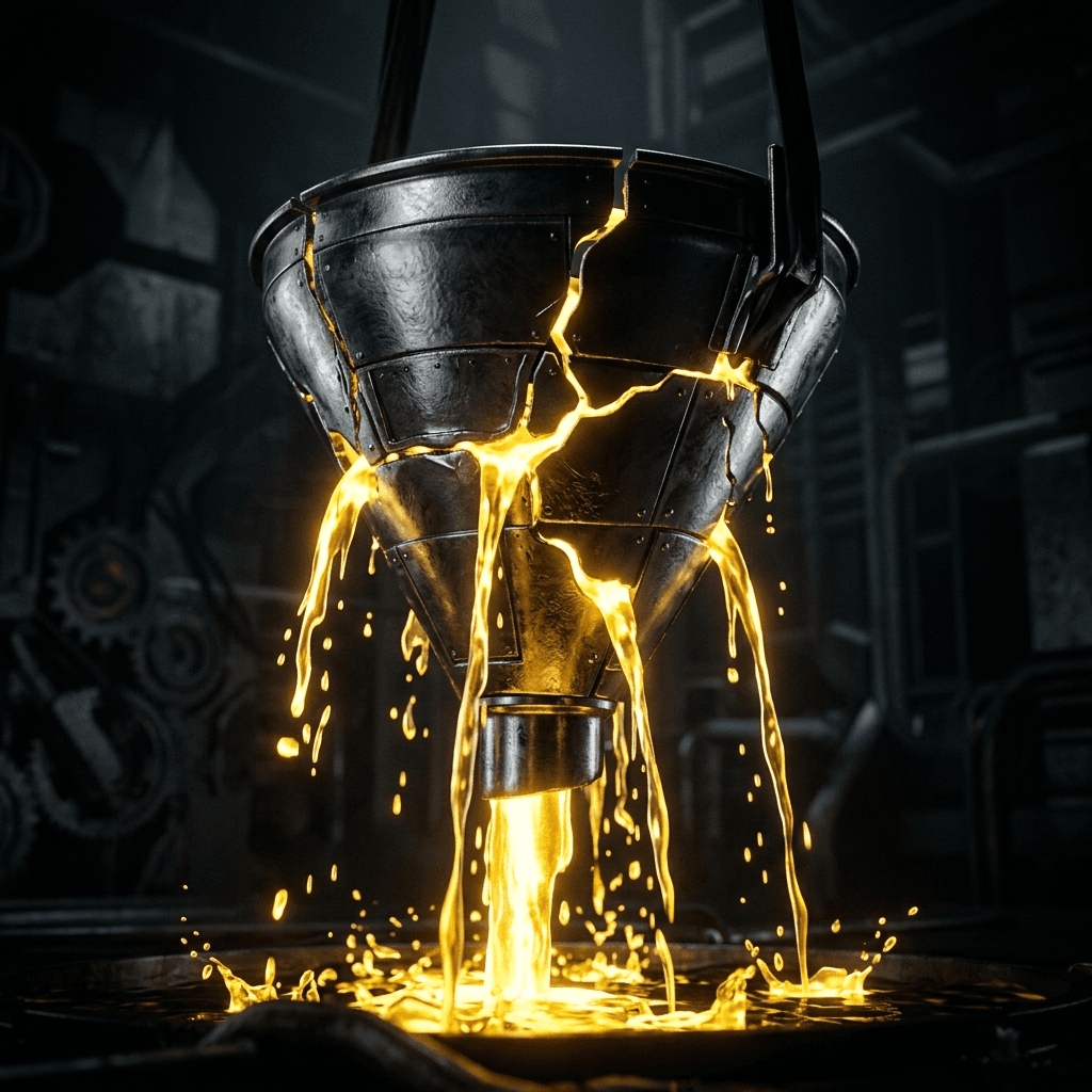 Abstract 3D render of a sleek, dark metallic bucket or funnel structurally leaking bright, glowing golden liquid (lost leads) through gaps in the metal.