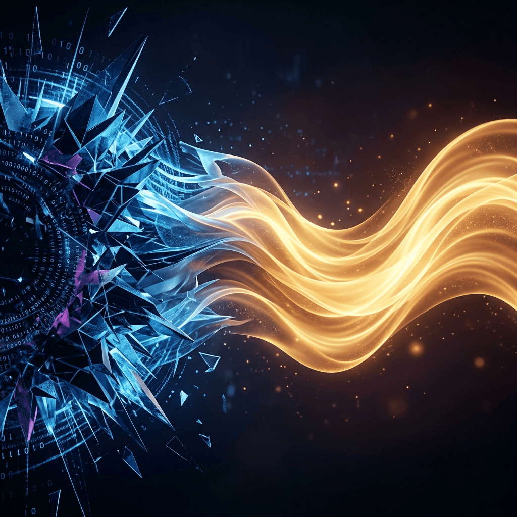 Abstract 3D render of cold digital audio transforming into warm human empathy light waves.