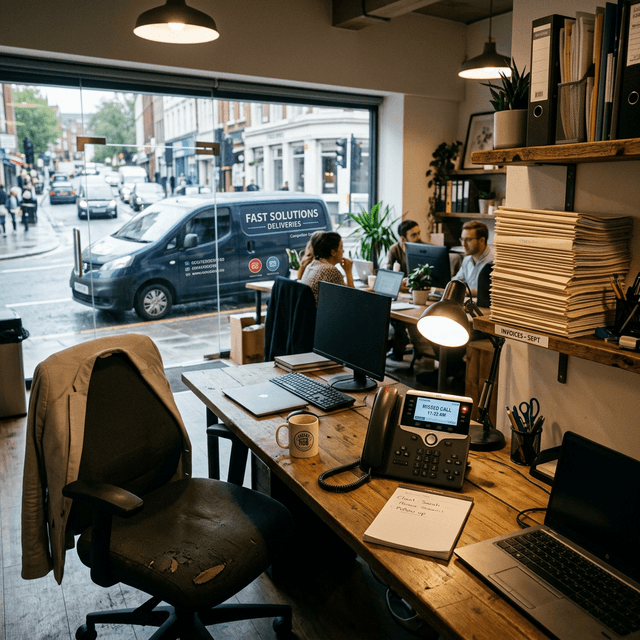 A ringing phone with a missed call notification on a small business desk, with competitor vehicle visible through the window and invoices suggesting lost revenue