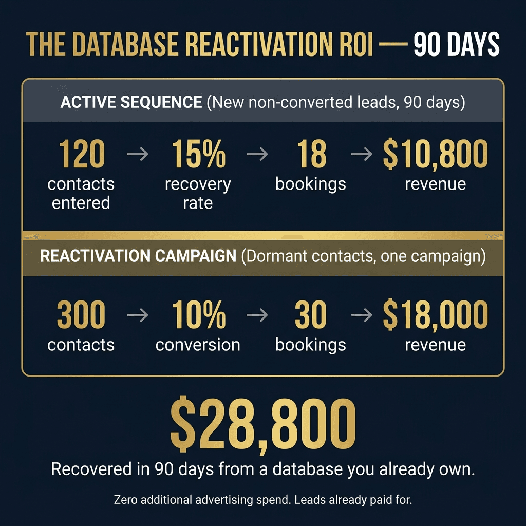 The Database Reactivation ROI — 90 Days infographic: two stacked sections. ACTIVE SEQUENCE (New non-converted leads 90 days): 120 contacts → 15% recovery rate → 18 bookings → $10,800 revenue. REACTIVATION CAMPAIGN (Dormant contacts one campaign): 300 contacts → 10% conversion → 30 bookings → $18,000 revenue. Large gold total: $28,800 Recovered in 90 days from a database you already own. Caption: Zero additional advertising spend. Leads already paid for.
