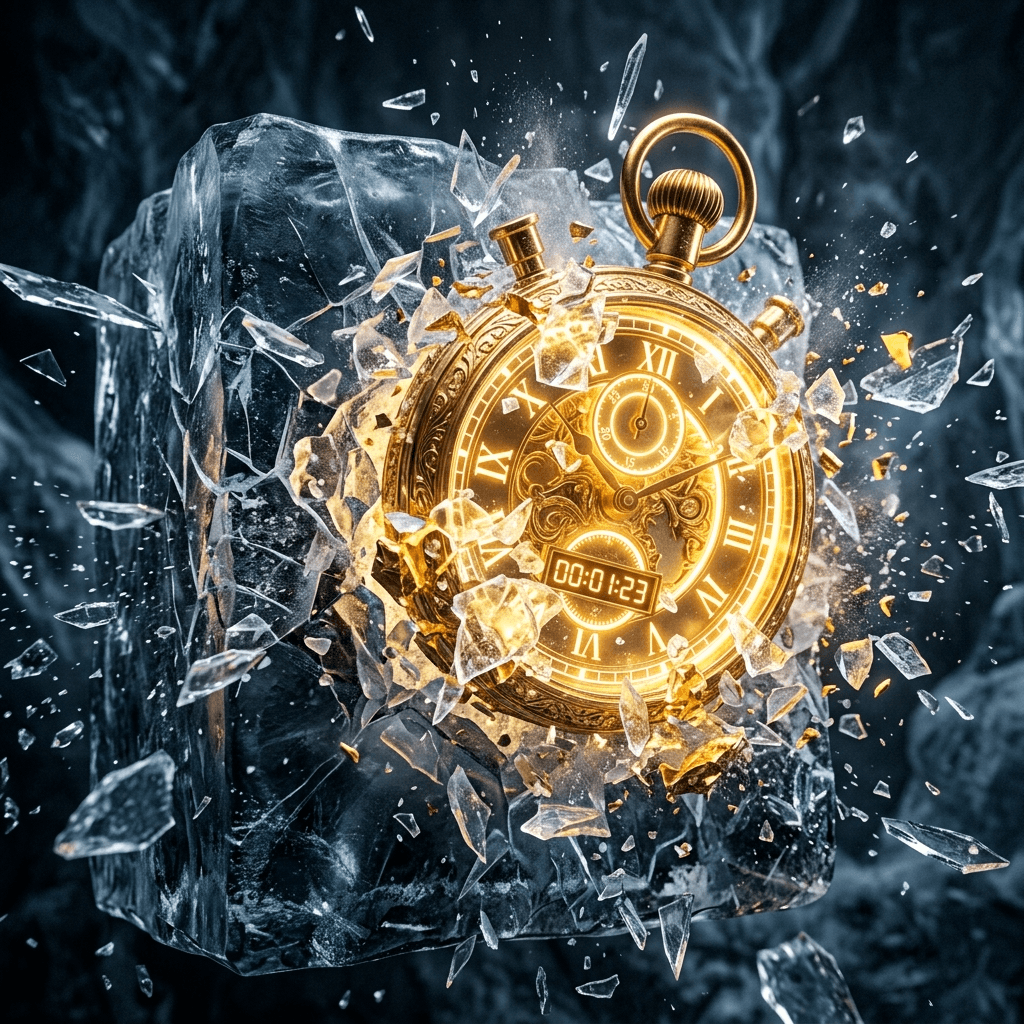 Abstract 3D render of a massive glowing golden stopwatch violently shattering out of a block of ice representing breaking slow response times.