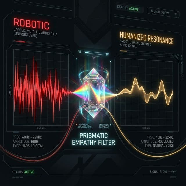 Technical visualization of a robotic waveform being filtered into a humanized gold resonance