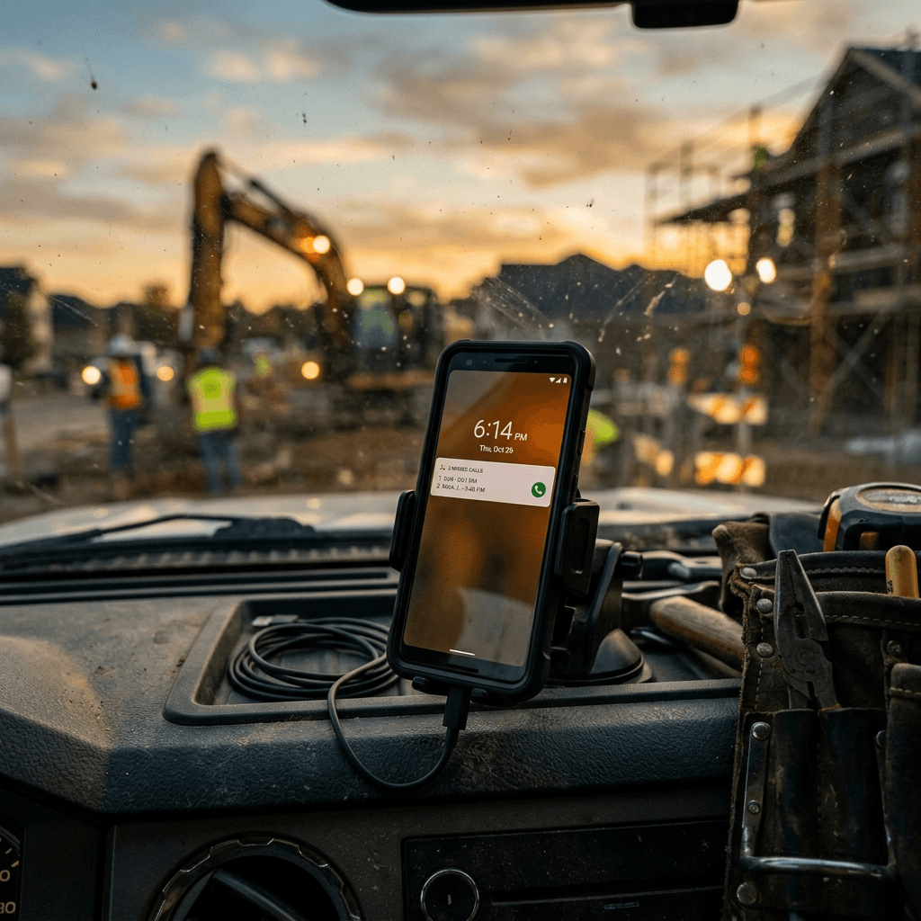 Smartphone on a trades truck dashboard showing missed call notifications at end of workday