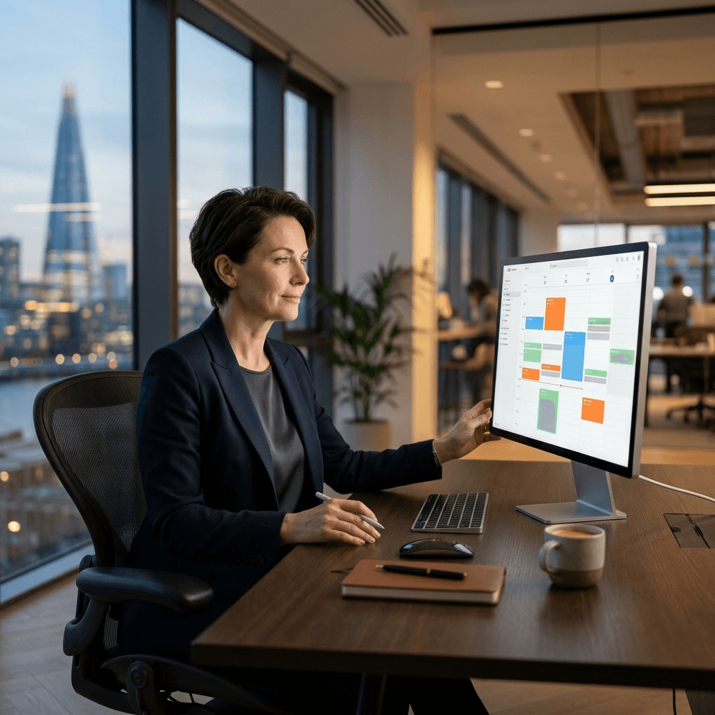 Cinematic portrait of a relaxed highly focused business owner reviewing a perfectly organized digital calendar at a modern desk.