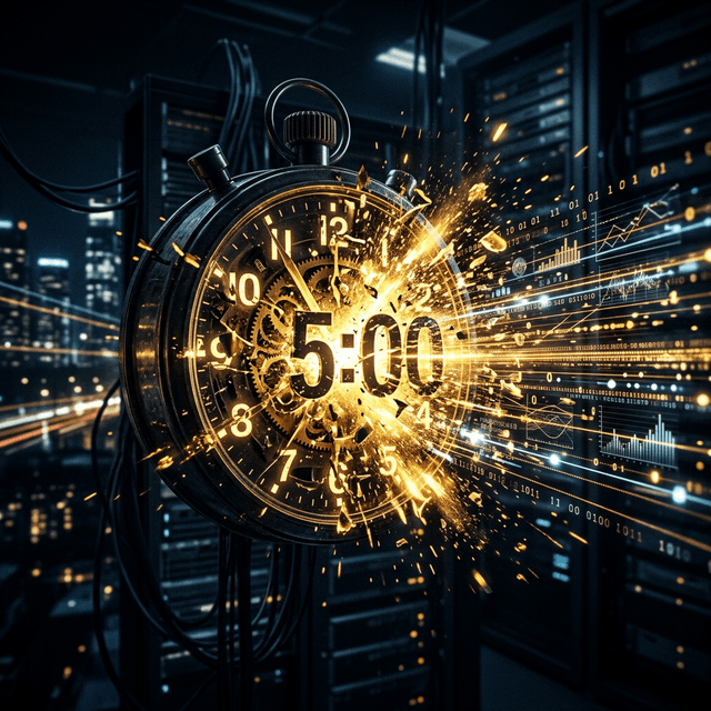 5-minute countdown stopwatch shattering with gold data streams in a dark server environment, representing speed-to-lead urgency