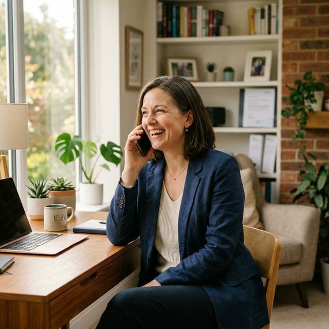 Natural photo of a woman smiling during a high-resonance phone conversation