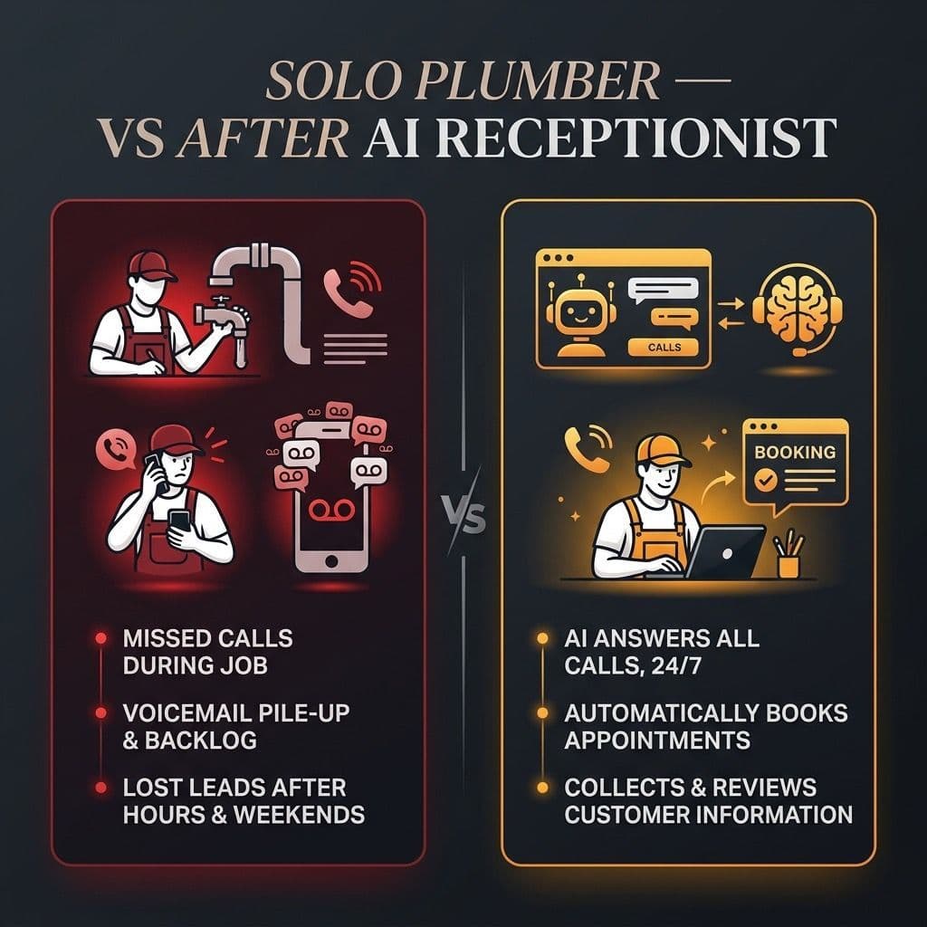 Solo plumber before vs after AI receptionist: missed calls and voicemail pile-up on the left, AI answering 24/7 and auto-booking on the right