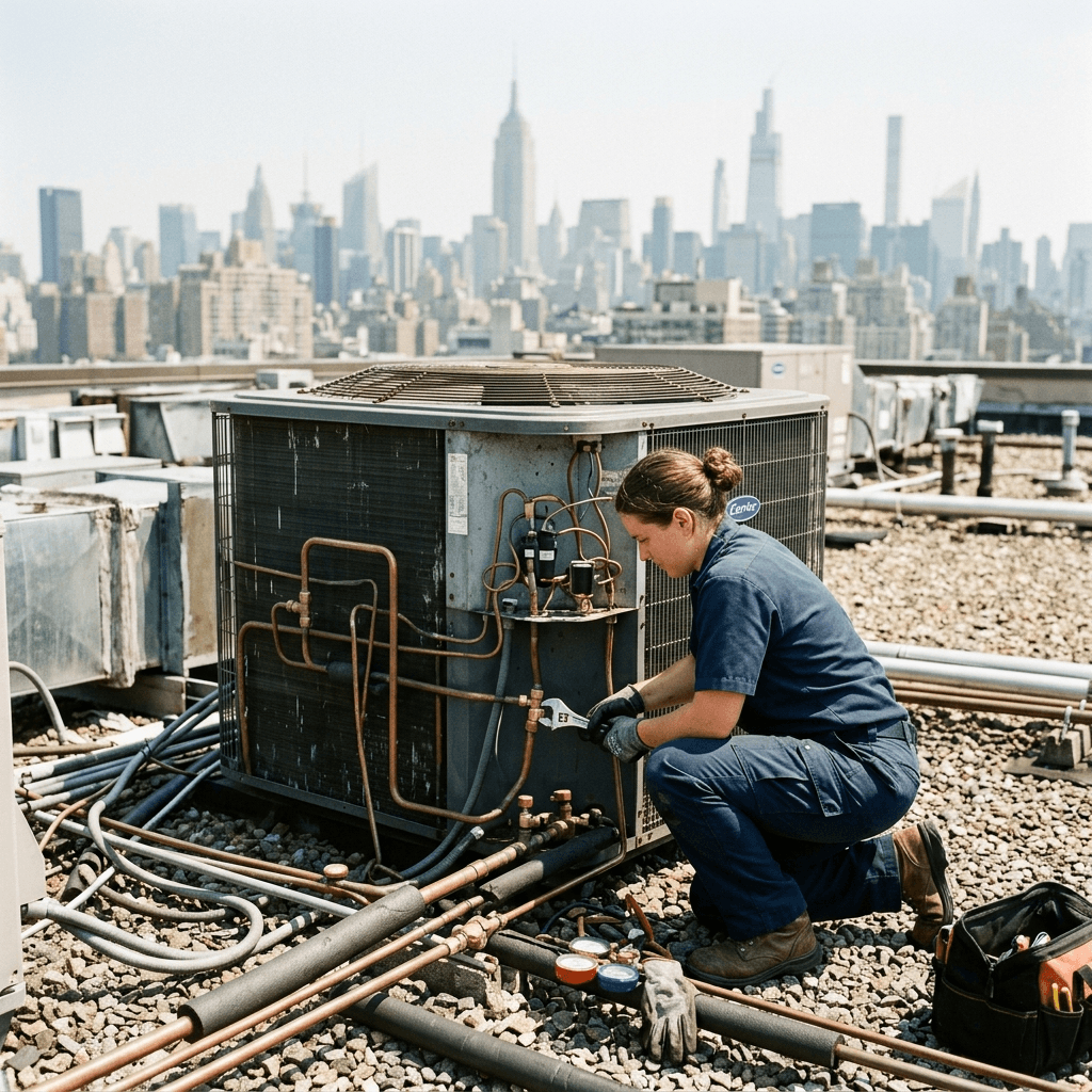 HVAC technician in navy work uniform crouching beside a rooftop condensing unit connecting refrigerant lines, city skyline hazy with summer heat visible in the background