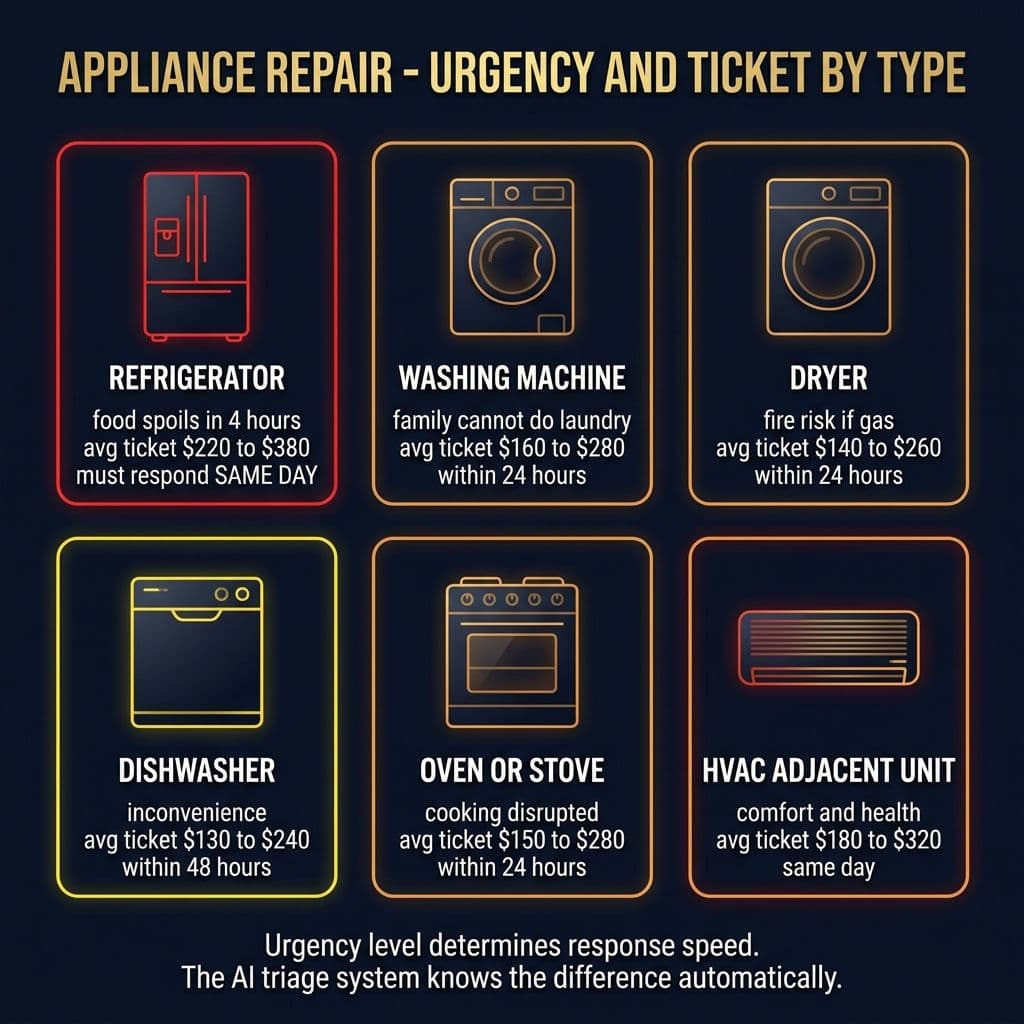Appliance Repair Urgency by Type - dark infographic showing urgency level and average ticket for 6 appliance types
