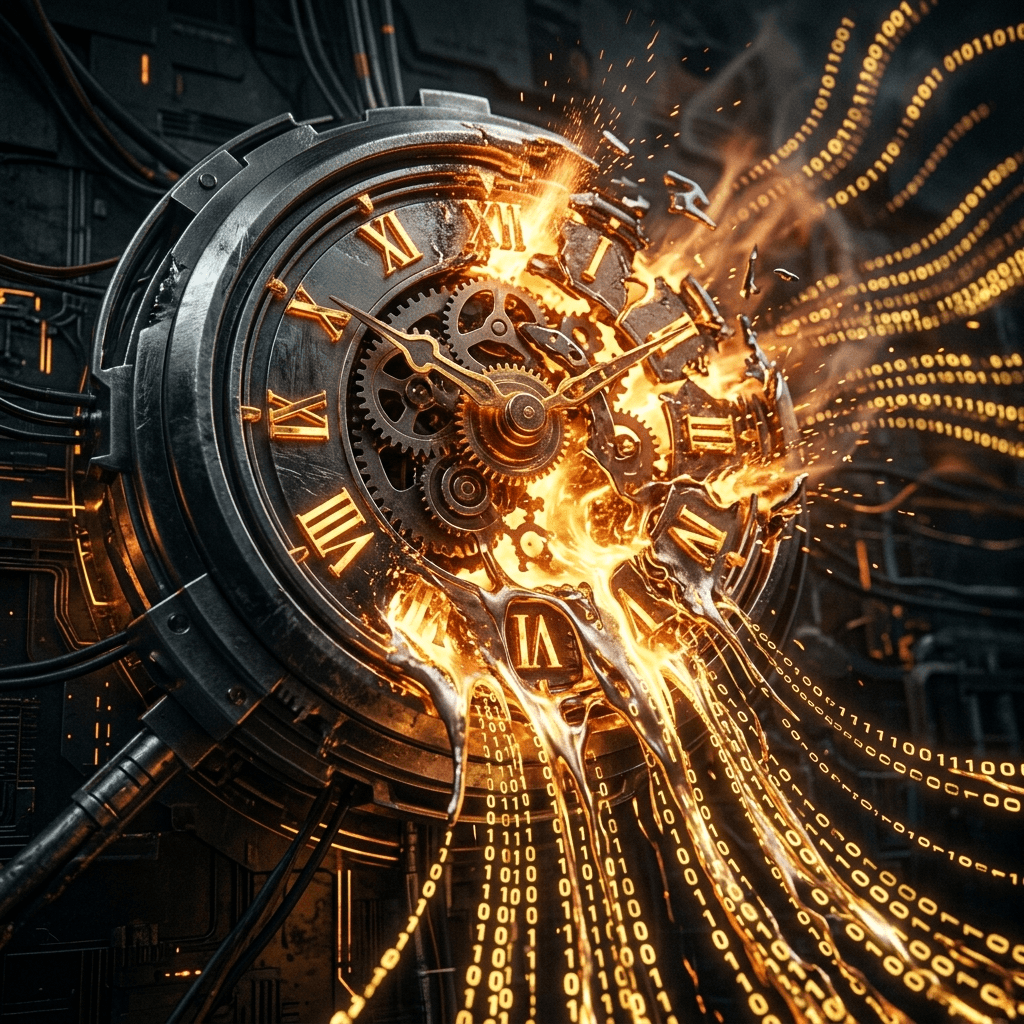 Abstract visual of a melting clock turning into digital data streams representing time friction causing lead abandonment.