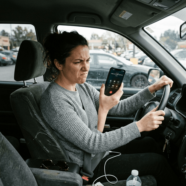 A frustrated woman sitting in her car holding her phone away from her ear and grimacing at the screen while navigating a phone tree menu call — the universal expression of IVR frustration