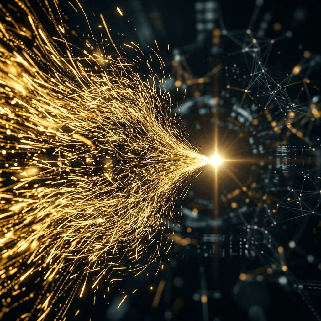 Abstract photograph of a rapid stream of bright golden data particles suddenly stopping and converging into a precise razor-sharp glowing point.