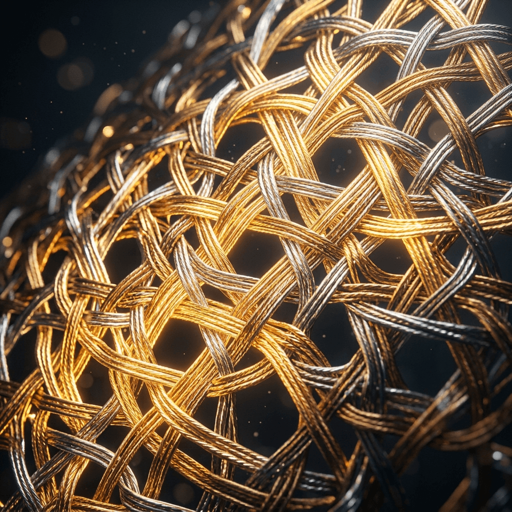 Abstract 3D render of bright golden and silver geometric threads tightly weaving together into an unbreakable glowing security mesh pattern.