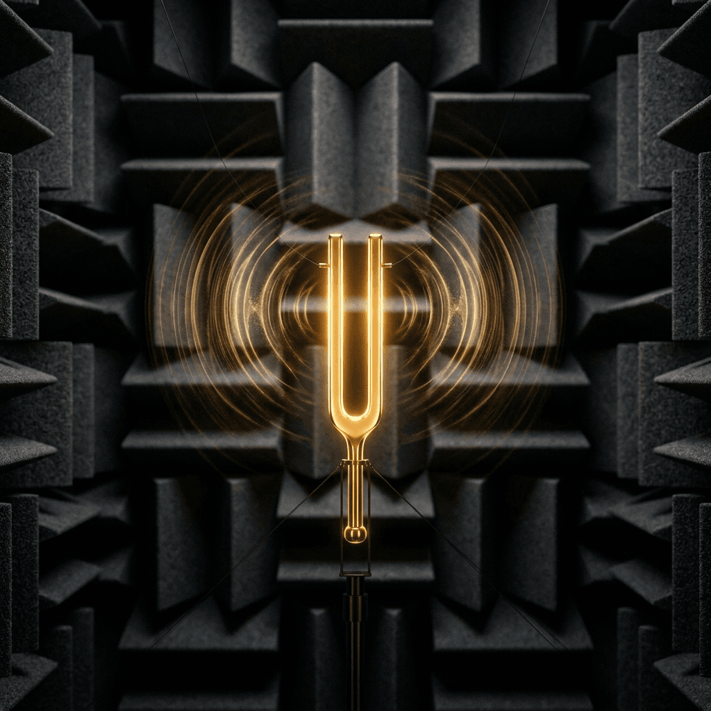 Abstract cinematic visual of a glowing tuning fork resonating perfectly in an anechoic chamber, representing precise brand calibration.