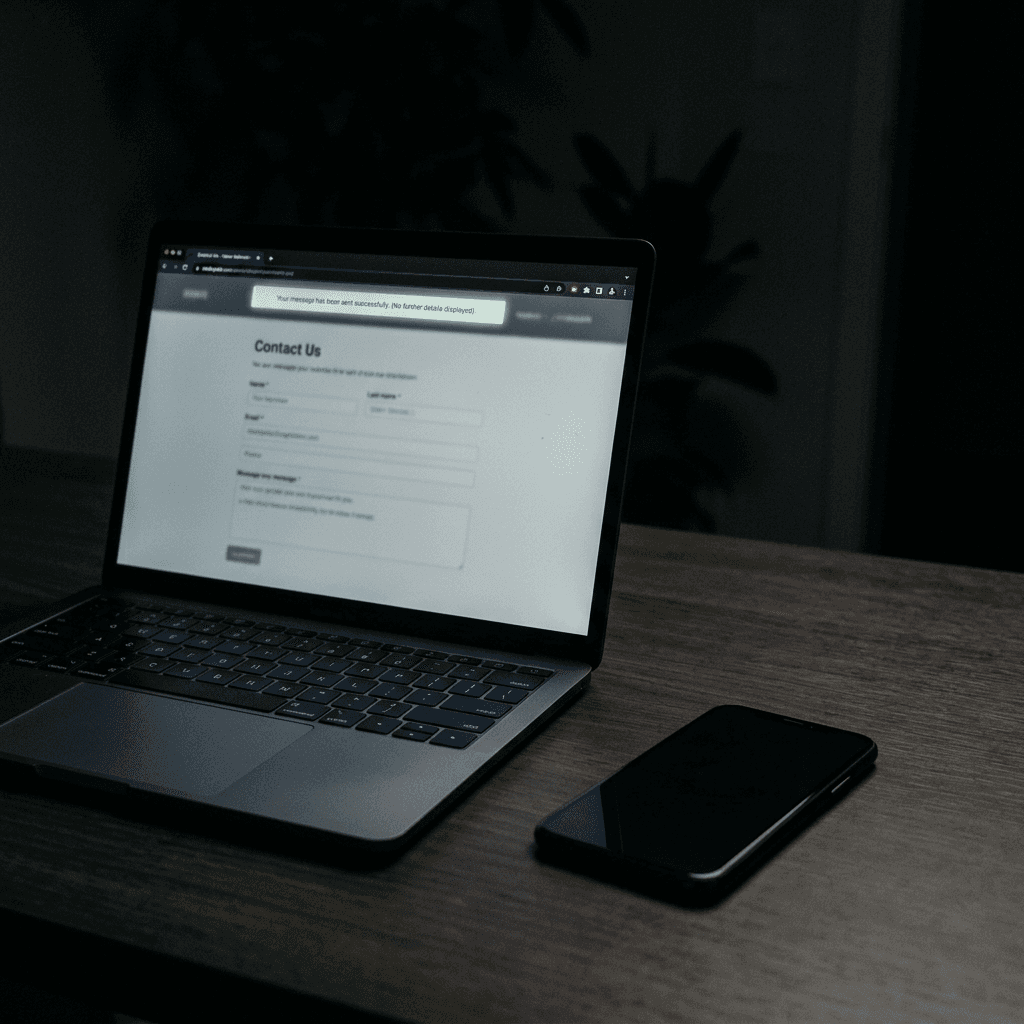 Laptop in a darkened room showing a website contact form that has been submitted, a smartphone lies dark and silent beside it with no notification, communicating the silence after a lead form is submitted with no response