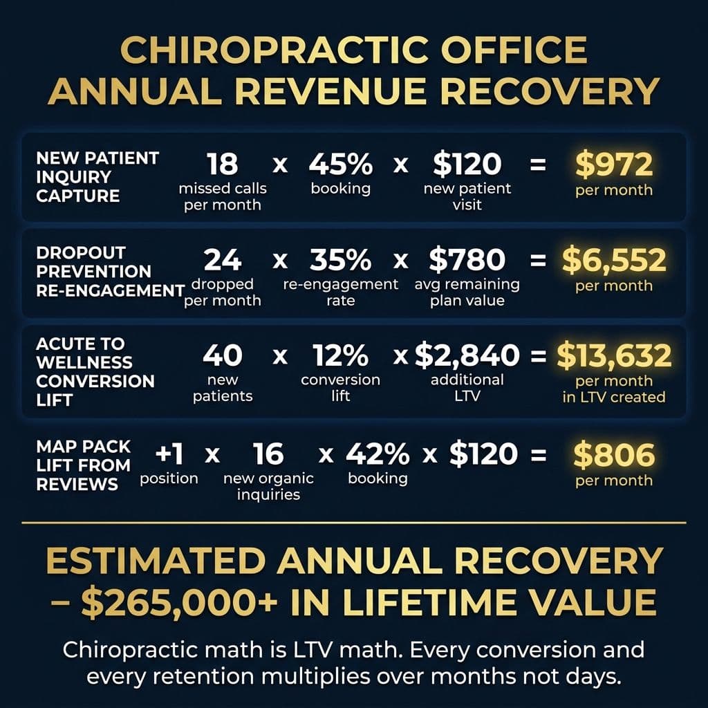 Chiropractic Office Annual Revenue Recovery - $265,000+ in lifetime value across 4 channels