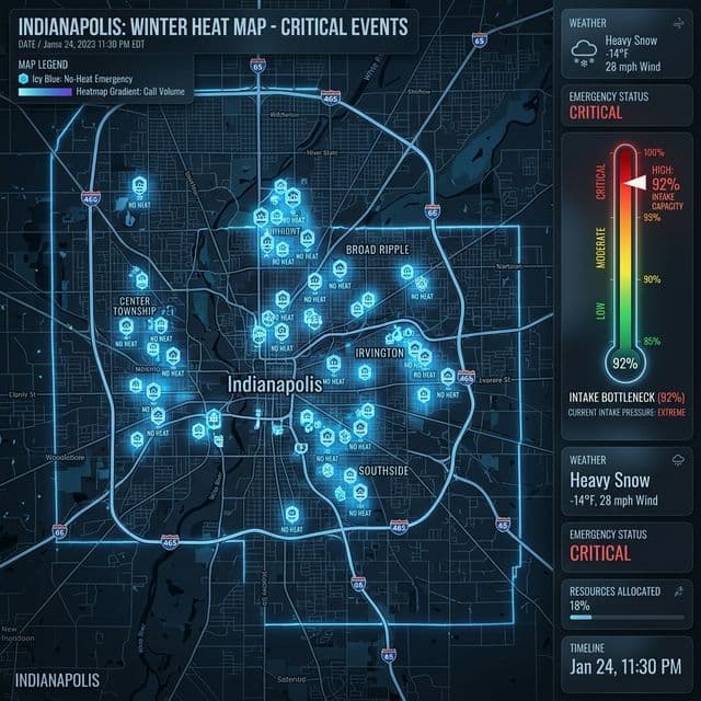 Indianapolis Winter Heat Map: Mapping no-heat emergencies and intake bottlenecks.