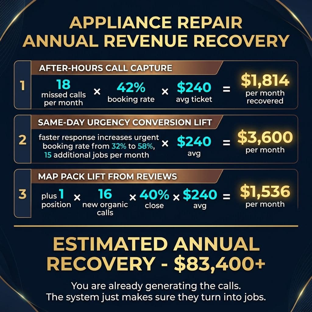 Appliance Repair Annual Revenue Recovery - $83,400+ calculation across three channels
