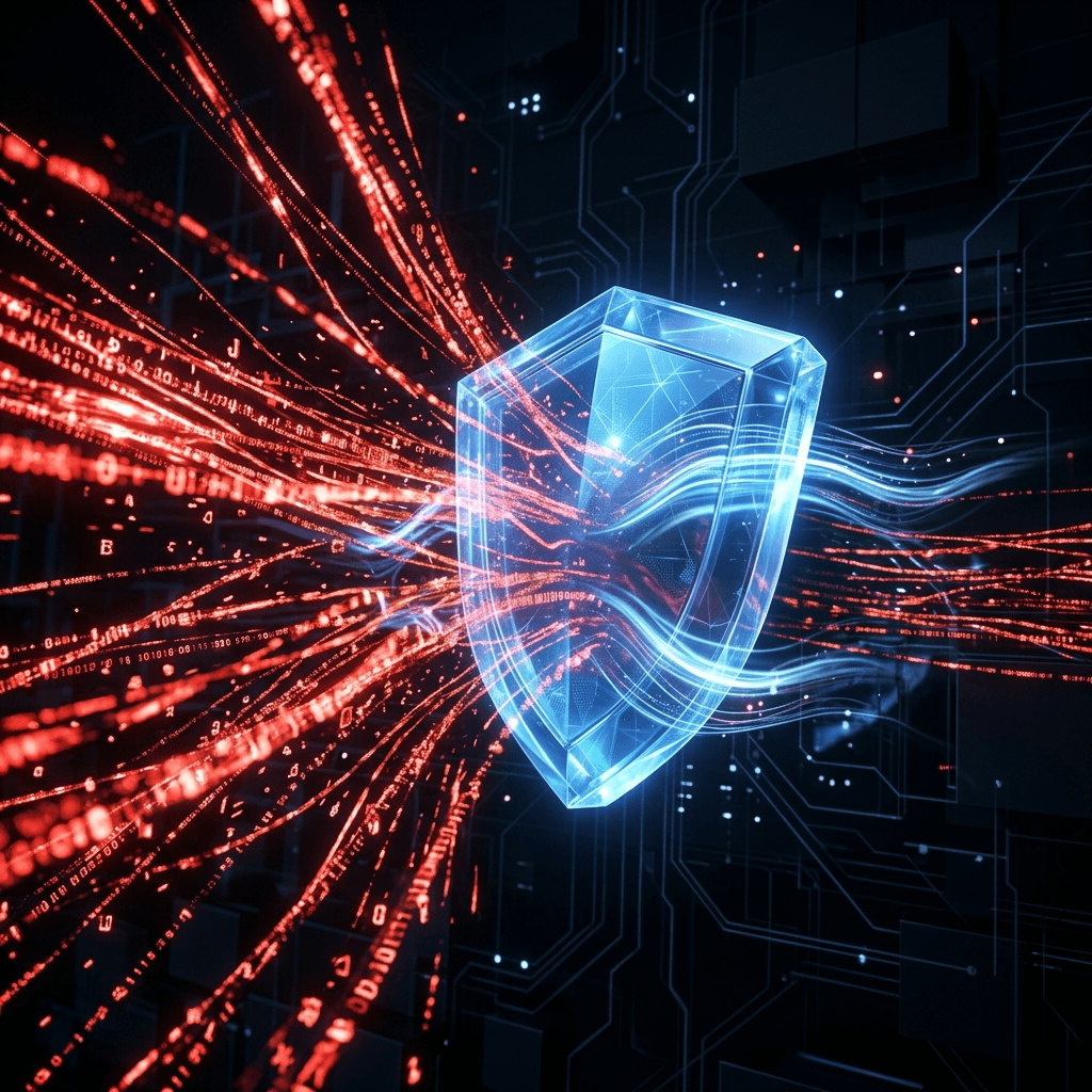 Cinematic visualization of hundreds of glowing red digital data streams violently surging toward a perfectly calm, indestructible, floating crystalline glass shield.
