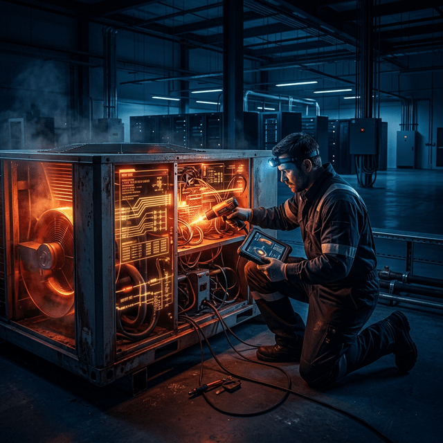 HVAC technician diagnosing glowing unit with orange data diagnostics in a midnight blue industrial setting, representing summer revenue leaks