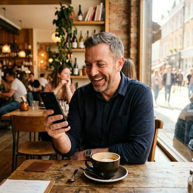 A candid, natural photo of a man in a sunlit cafe smiling at his smartphone, representing successful customer reactivation.