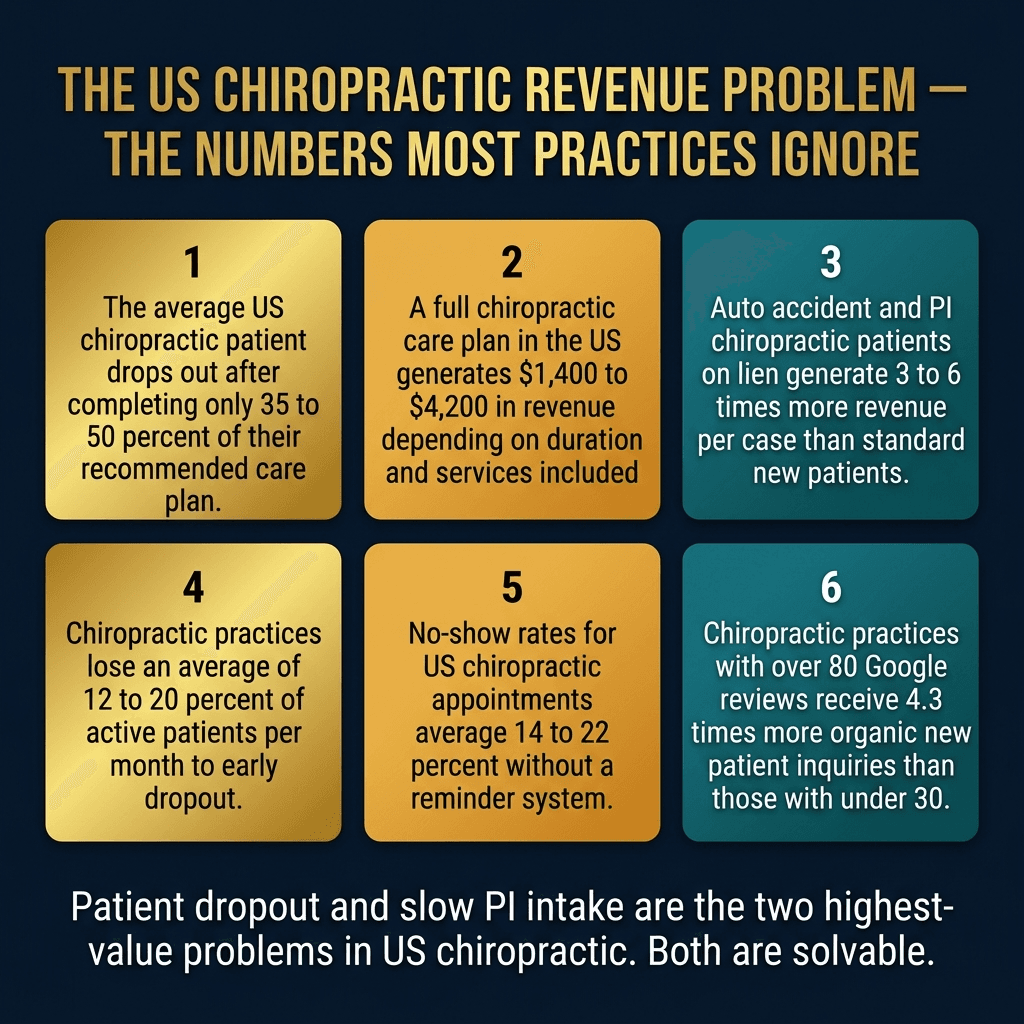 Premium dark US chiropractic market infographic showing 42 percent of PI cases lost due to slow initial intake