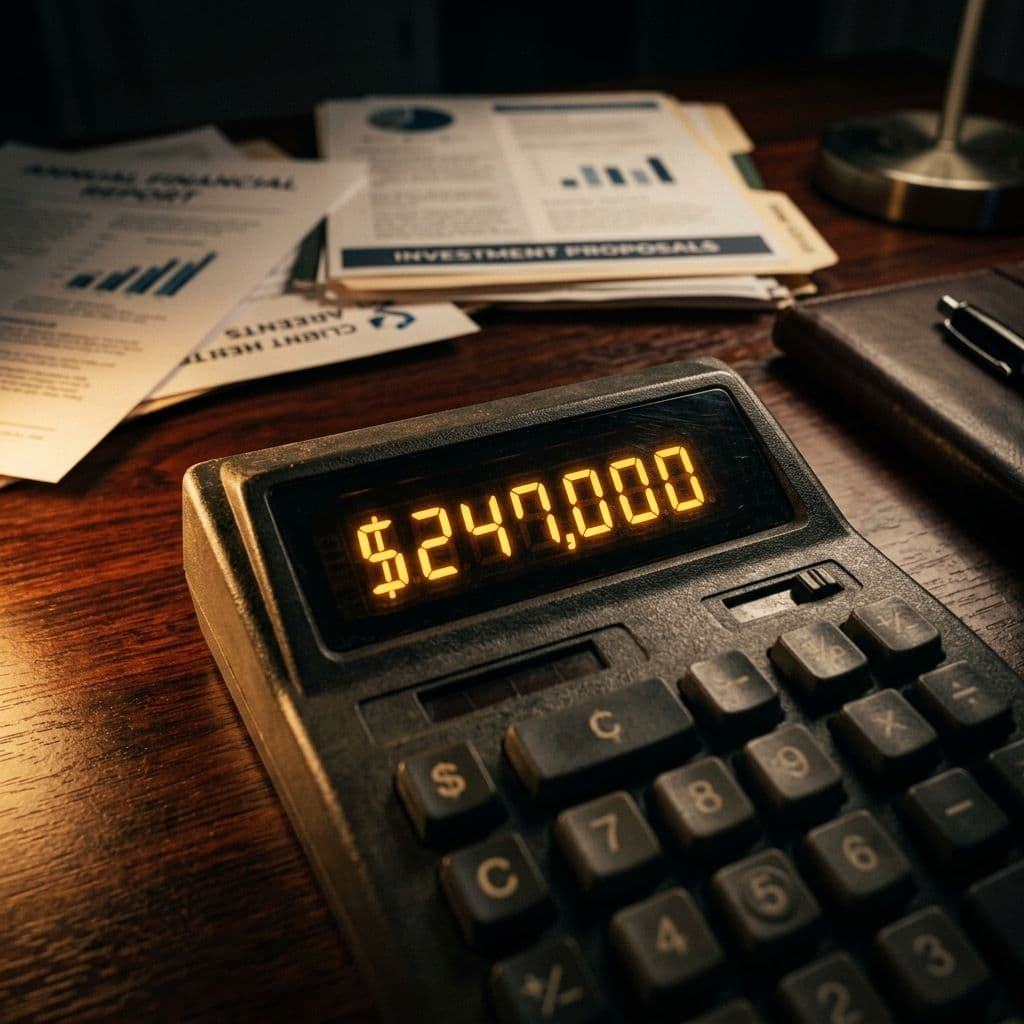 Calculator display showing annual revenue leak figure on executive desk — the Rage Number quantifies invisible front-door failures