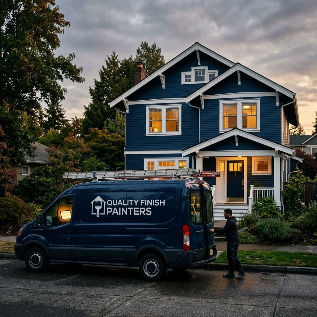 Painting company truck parked in front of a freshly painted home — deep navy exterior with bright white trim — at dusk. Warm golden-hour light. Truck cab tablet visible through windshield showing completed job confirmation and automated 5-star review request sent. No face visible.