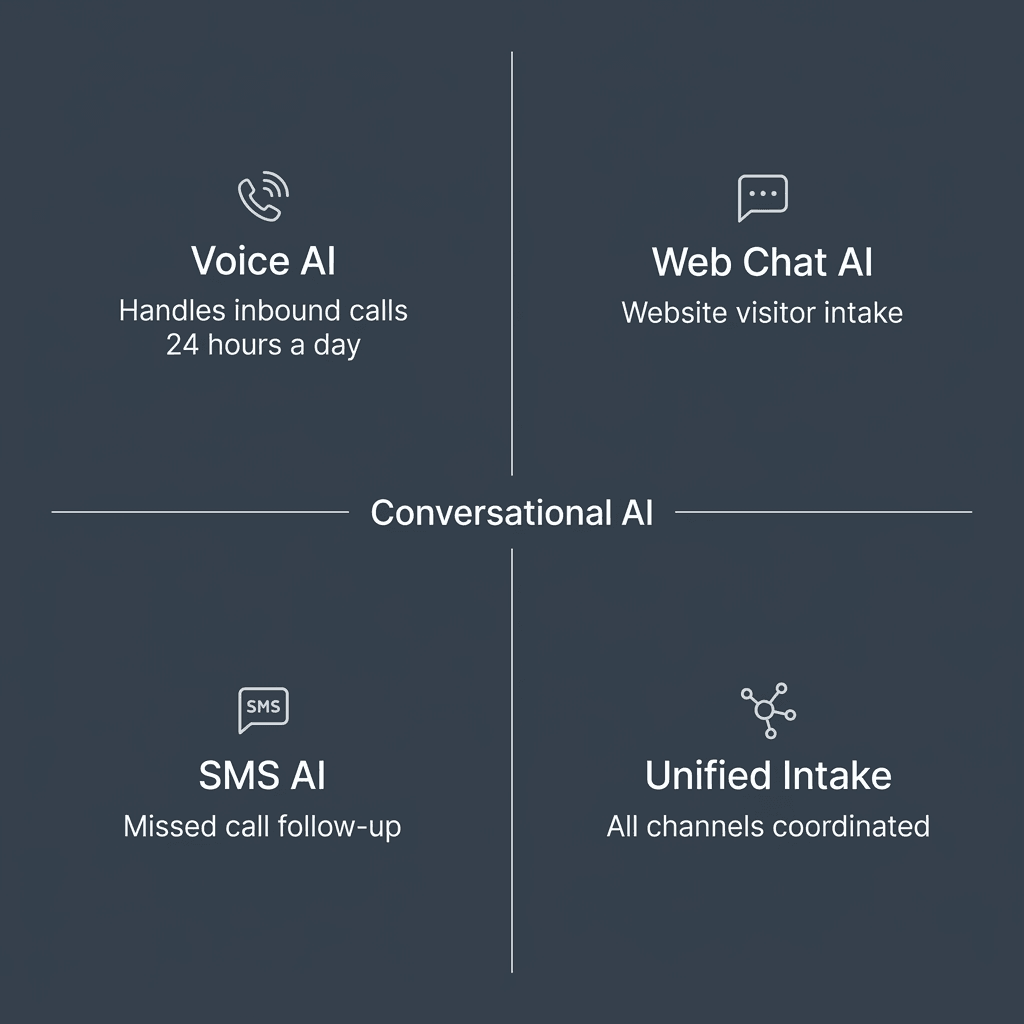 Four types of conversational AI for service businesses: voice AI, web chat AI, SMS AI, and unified intake